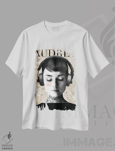 تیشرت سفید طرح دار – تیشرت هنری زنانه ,"هدفون آدری" اثر مرسدس لوپز چارّو فروشگاه ایماژ