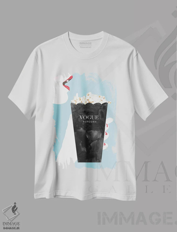 تیشرت سفید طرح دار – تیشرت پاپ آرت ,"ذرت بو داده ووگ" اثر مرسدس لوپز چارّو immage.ir