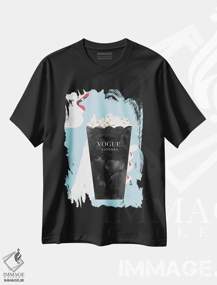 تیشرت مشکی طرح دار – تیشرت پاپ آرت ,"ذرت بو داده ووگ" اثر مرسدس لوپز چارّو فروشگاه ایماژ