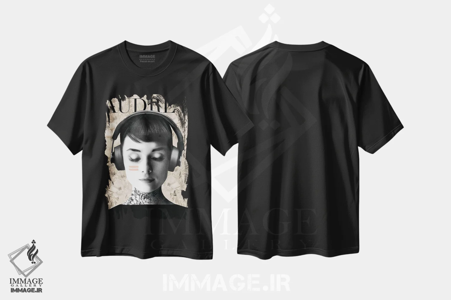 تیشرت مشکی طرح دار – تیشرت هنری زنانه ,"هدفون آدری" اثر مرسدس لوپز چارّو immage.ir