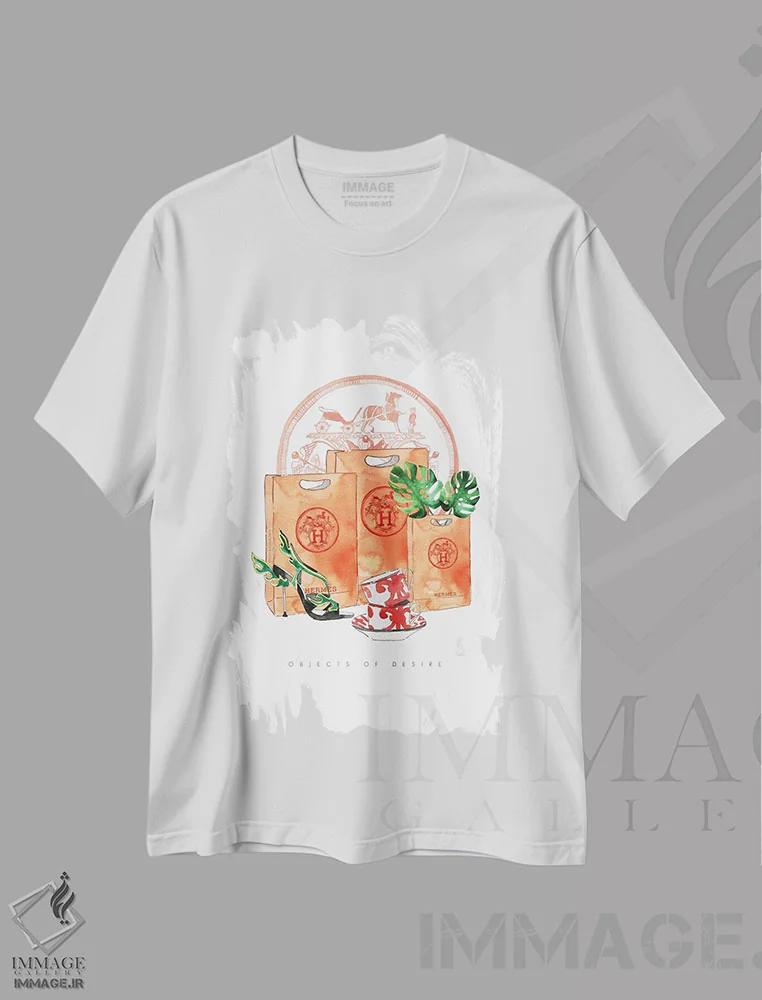 تیشرت سفید طرح دار – تیشرت برند هرمس ,"اشیاء آرزوی هرمس" اثر مرسدس لوپز چارّو فروشگاه ایماژ