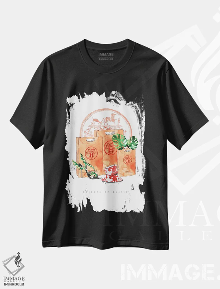 تیشرت مشکی طرح دار – تیشرت برند هرمس ,"اشیاء آرزوی هرمس" اثر مرسدس لوپز چارّو immage.ir