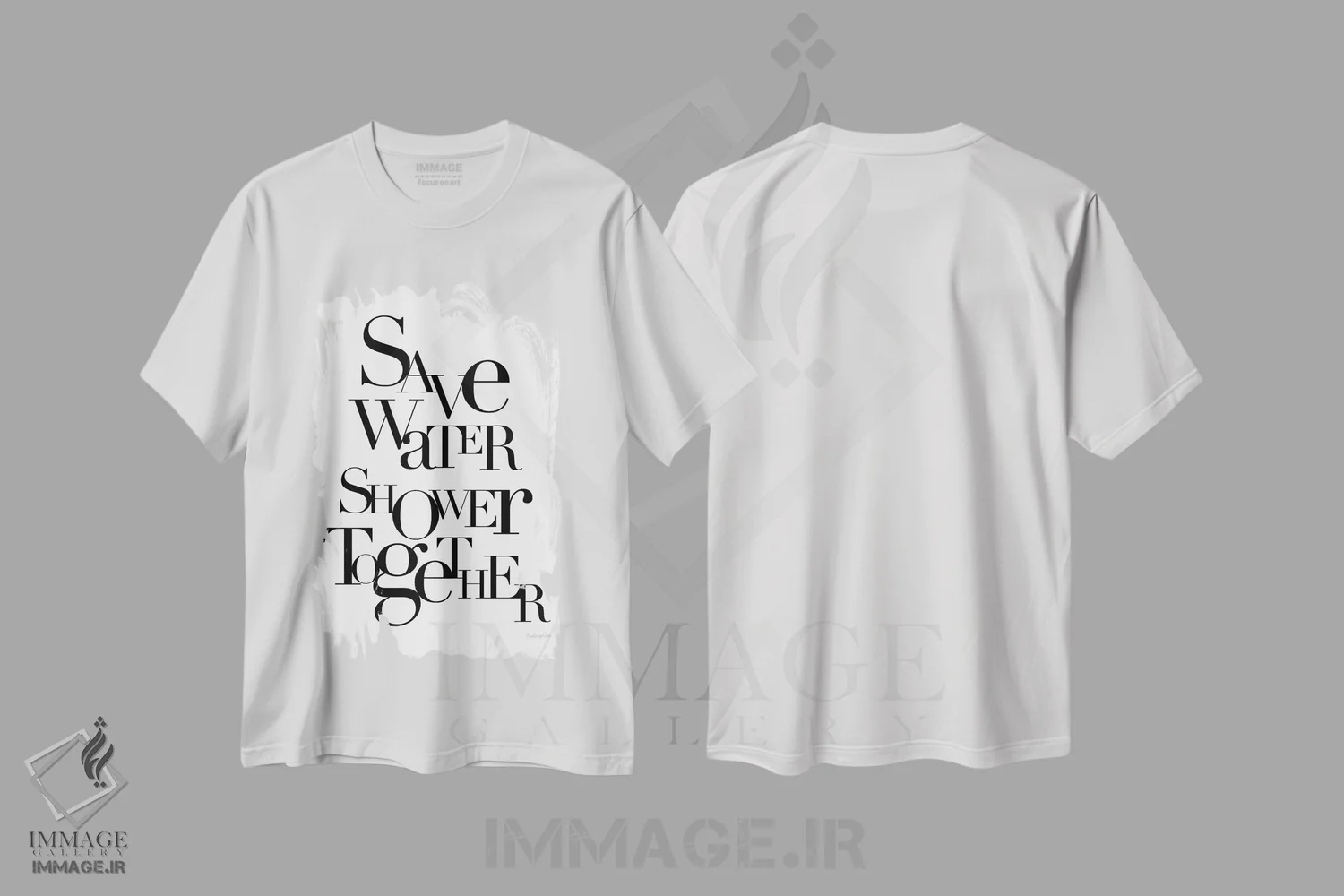 تیشرت سفید طرح دار – تیشرت تایپوگرافی ,"آب را ذخیره کن، با هم دوش بگیر" اثر مرسدس لوپز چارّو immage.ir