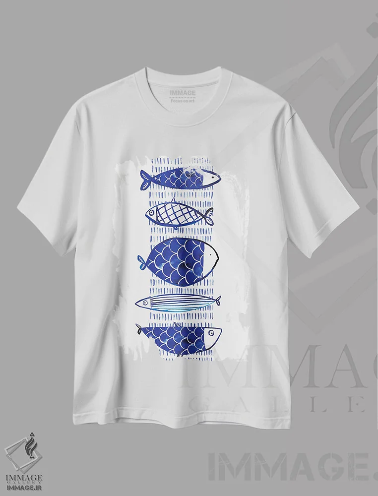 تیشرت سفید طرح دار – تیشرت دریایی ,"ماهی آبی I" اثر مرسدس لوپز چارّو فروشگاه ایماژ