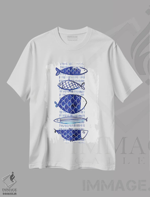 تیشرت سفید طرح دار – تیشرت دریایی ,"ماهی آبی I" اثر مرسدس لوپز چارّو فروشگاه ایماژ
