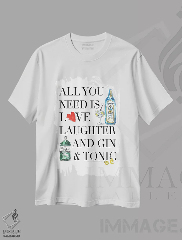 تیشرت سفید طرح دار – تیشرت طنز ,"تنها چیزی که نیاز داری جین است" اثر مرسدس لوپز چارّو فروشگاه ایماژ