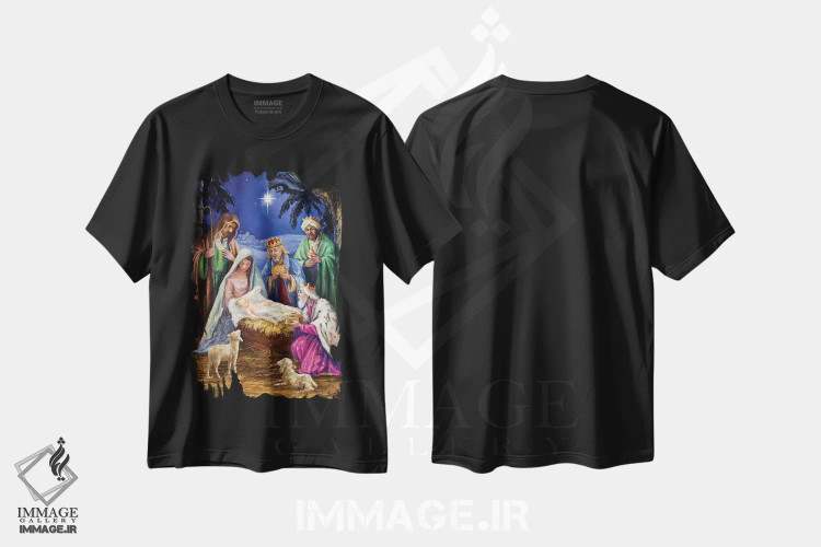 تیشرت مشکی طرح دار – تیشرت معنوی ,خانواده مقدس با سه پادشاه اثر مارچلو کورتی فروشگاه ایماژ