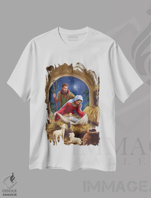 تیشرت سفید طرح دار – تیشرت مذهبی ,خانواده مقدس با گوسفندان اثر مارچلو کورتی immage.ir