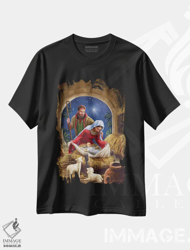 تیشرت مشکی طرح دار – تیشرت مذهبی ,خانواده مقدس با گوسفندان اثر مارچلو کورتی فروشگاه ایماژ