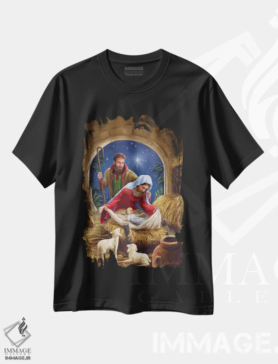 تیشرت مشکی طرح دار – تیشرت مذهبی ,خانواده مقدس با گوسفندان اثر مارچلو کورتی فروشگاه ایماژ