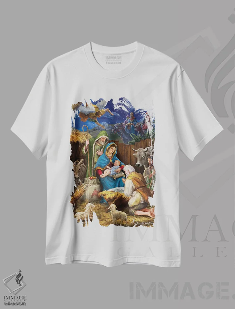 تیشرت سفید طرح دار – تیشرت مذهبی ,مریم و چوپانان اثر مارچلو کورتی فروشگاه ایماژ