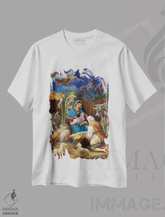 تیشرت سفید طرح دار – تیشرت مذهبی ,مریم و چوپانان اثر مارچلو کورتی فروشگاه ایماژ