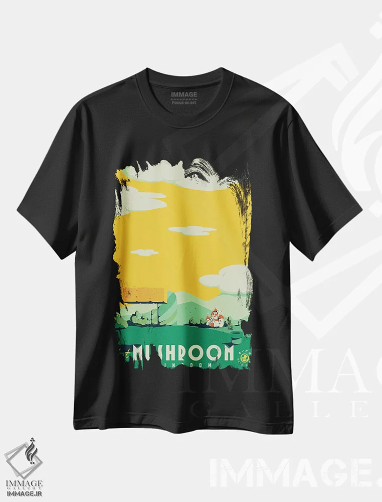 تیشرت مشکی طرح دار – تیشرت گیمینگ ,"بازدید از قلمرو قارچ ها" اثر ماتیولِه فروشگاه ایماژ