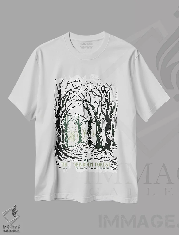 تیشرت سفید طرح دار – تیشرت طبیعت ,"بازدید از جنگل ممنوعه" اثر ماتیولِه immage.ir