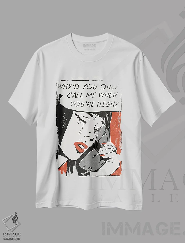 تیشرت سفید طرح دار – تیشرت پاپ آرت ,"زنگ بزن" اثر ماتیولِه فروشگاه ایماژ