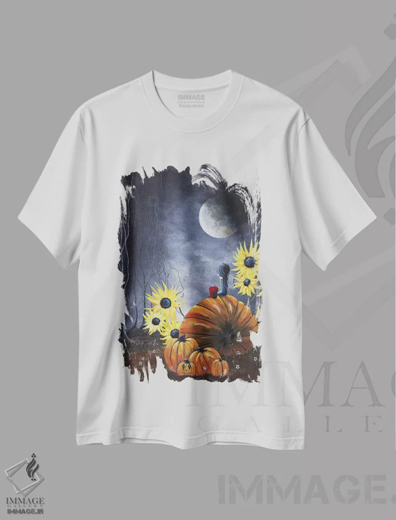 تیشرت سفید طرح دار – تیشرت پاییزی ,نیمه شب در مزرعه کدو تنبل اثر سالن هنری مون لایت فروشگاه ایماژ