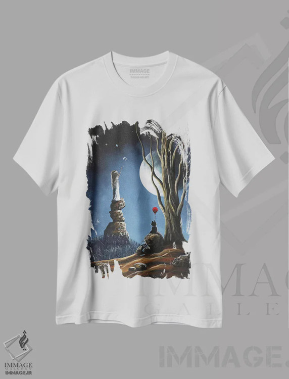 تیشرت سفید طرح دار – تیشرت ماه ,لطفاً به او بگو هنوز دلتنگشیم اثر سالن هنری مون لایت فروشگاه ایماژ
