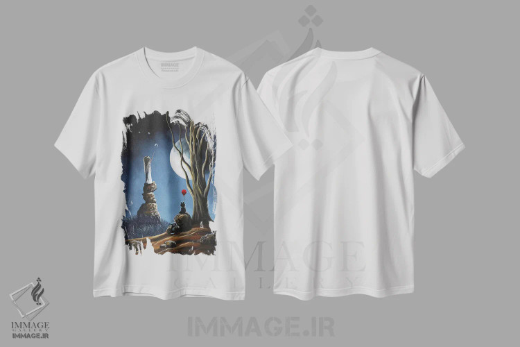 تیشرت سفید طرح دار – تیشرت ماه ,لطفاً به او بگو هنوز دلتنگشیم اثر سالن هنری مون لایت فروشگاه ایماژ