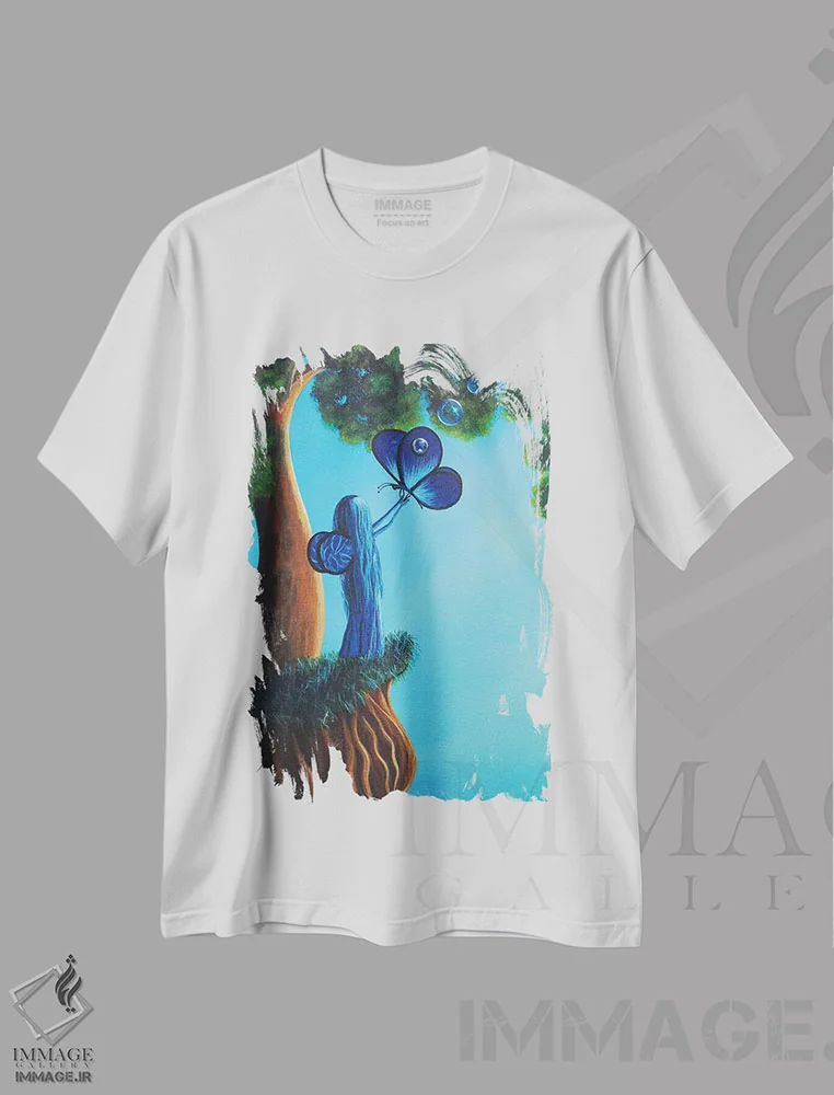 تیشرت سفید طرح دار – تیشرت فانتزی ,پری یاقوت کبود اثر سالن هنری مون لایت فروشگاه ایماژ
