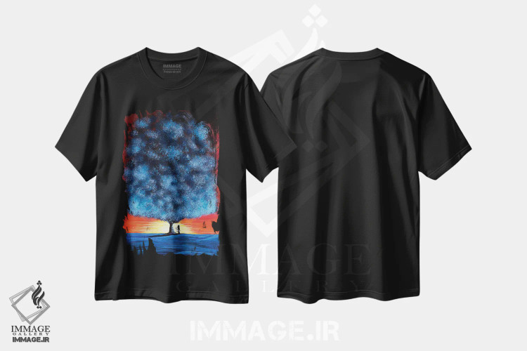 تیشرت مشکی طرح دار – تیشرت طبیعت گردی ,پری سرنگتی اثر سالن هنری مون لایت immage.ir