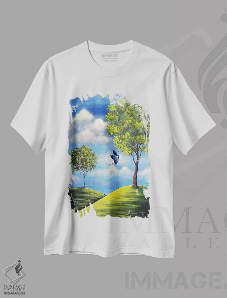 تیشرت سفید طرح دار – تیشرت پروانه ,ندای بهار اثر سالن هنری مون لایت فروشگاه ایماژ