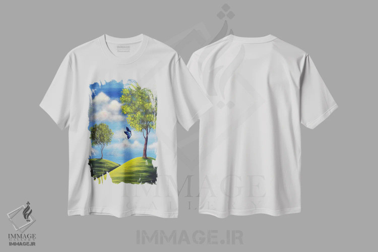 تیشرت سفید طرح دار – تیشرت پروانه ,ندای بهار اثر سالن هنری مون لایت فروشگاه ایماژ