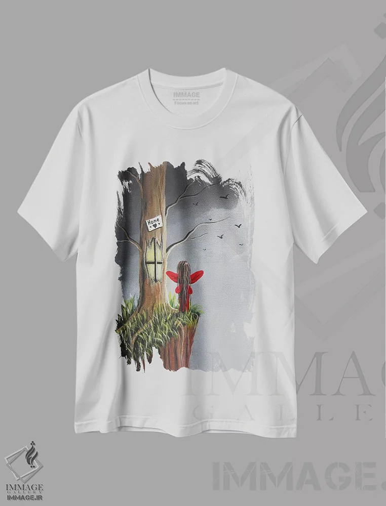 تیشرت سفید طرح دار – تیشرت انگیزشی ,جایی مثل خانه نیست اثر سالن هنری مون لایت immage.ir