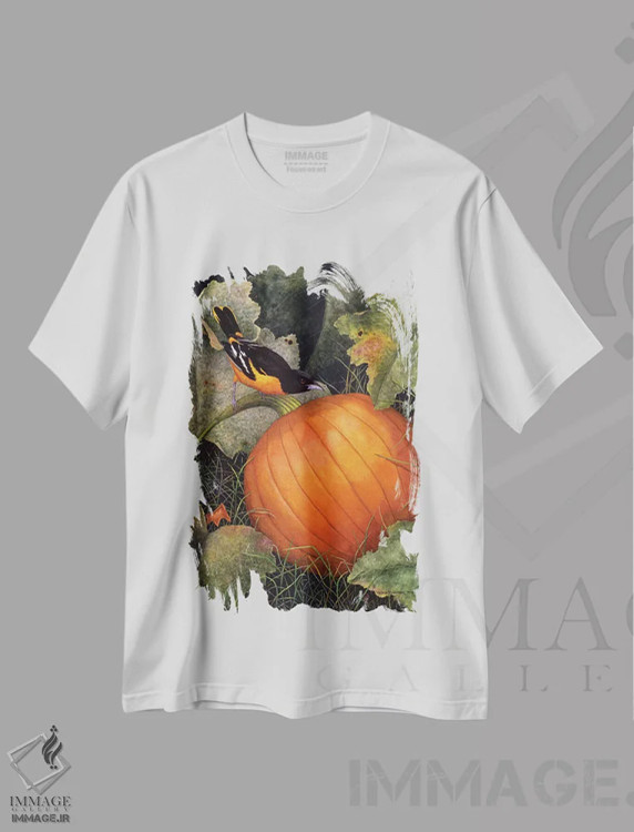 تیشرت سفید طرح دار – تیشرت هنری ,"مرغ طلایی و کدو" اثر مارسیا مچم فروشگاه ایماژ