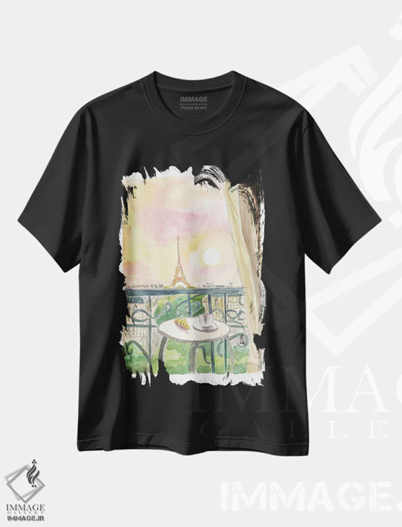تیشرت مشکی طرح دار – تیشرت هنری ,"نمای بالکن پاریس فرانسه با کروسان و قهوه" اثر مارکوس و مارتینا بلیشنر فروشگاه ایماژ