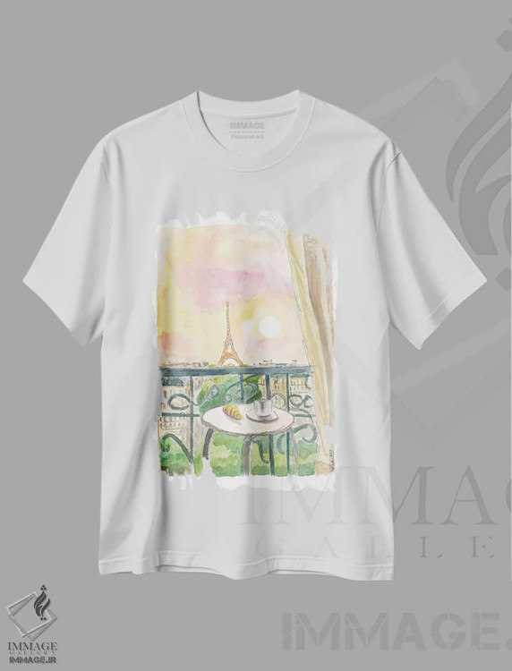 تیشرت سفید طرح دار – تیشرت هنری ,"نمای بالکن پاریس فرانسه با کروسان و قهوه" اثر مارکوس و مارتینا بلیشنر immage.ir