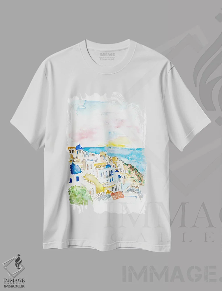 تیشرت سفید طرح دار – تیشرت هنری ,"اویا سانتورینی، گنبدهای آبی و دریا" اثر مارکوس و مارتینا بلیشنر immage.ir