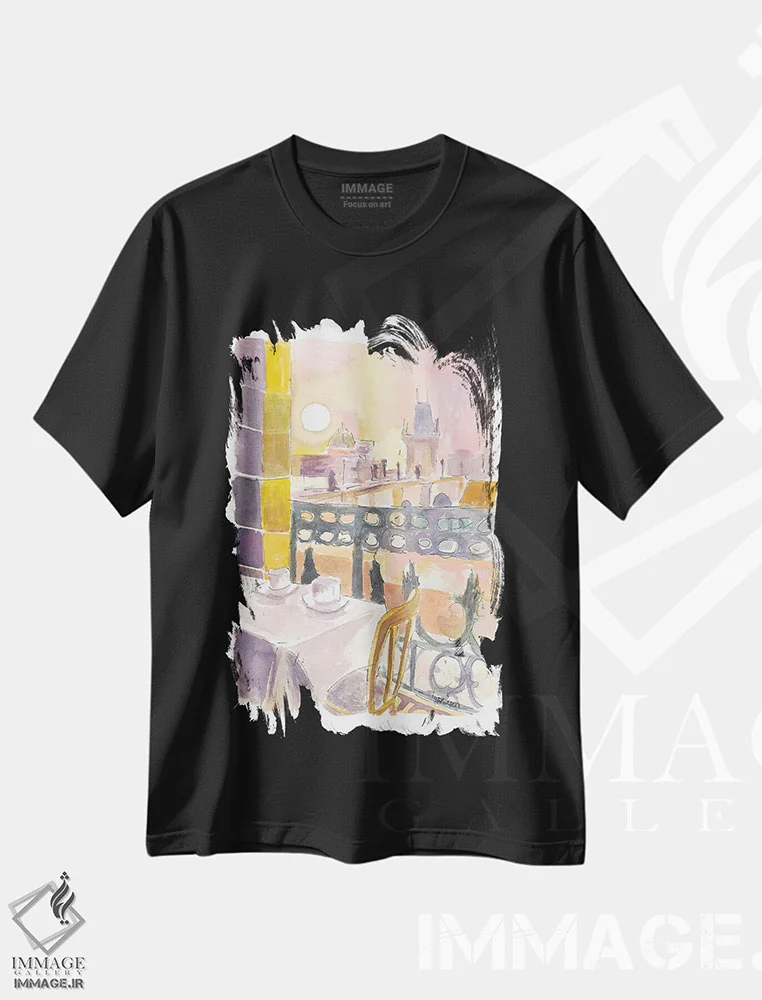 تیشرت مشکی طرح دار – تیشرت هنری ,"میز کافه در پراگ جمهوری چک با نمای پل کارلوف" اثر مارکوس و مارتینا بلیشنر immage.ir