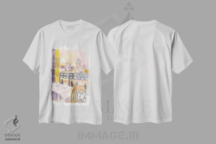 تیشرت سفید طرح دار – تیشرت هنری ,"میز کافه در پراگ جمهوری چک با نمای پل کارلوف" اثر مارکوس و مارتینا بلیشنر فروشگاه ایماژ
