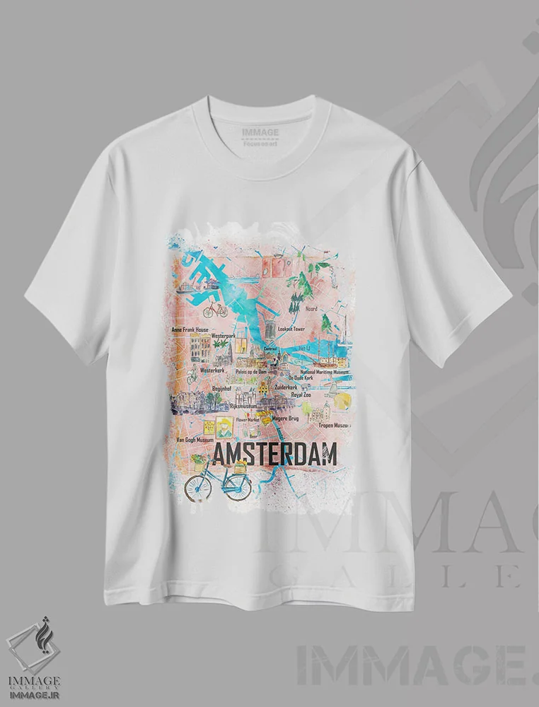تیشرت سفید طرح دار – تیشرت هنری ,آمستردام هلند - نقشه تصویری با جاده های اصلی، نمادها و نکات برجسته اثر مارکوس و مارتینا بلیشنر فروشگاه ایماژ