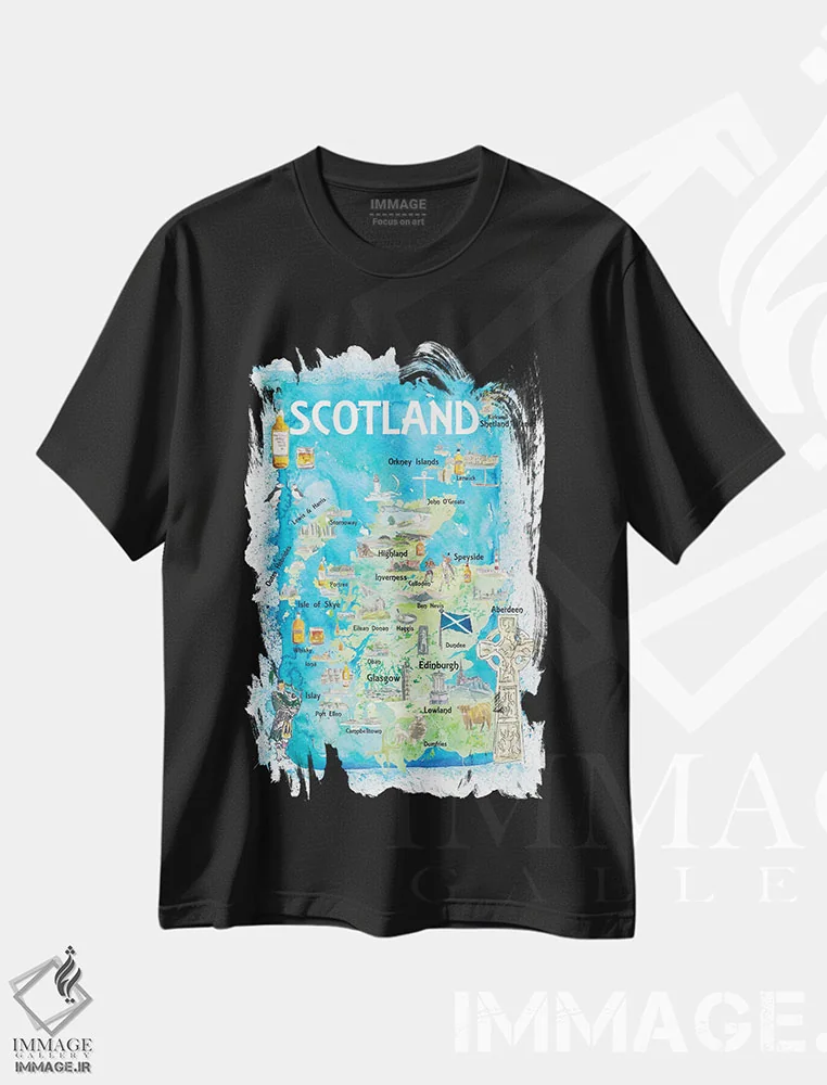 تیشرت مشکی طرح دار – تیشرت هنری ,اسکاتلند - نقشه تصویری با نمادها و نکات برجسته اثر مارکوس و مارتینا بلیشنر immage.ir