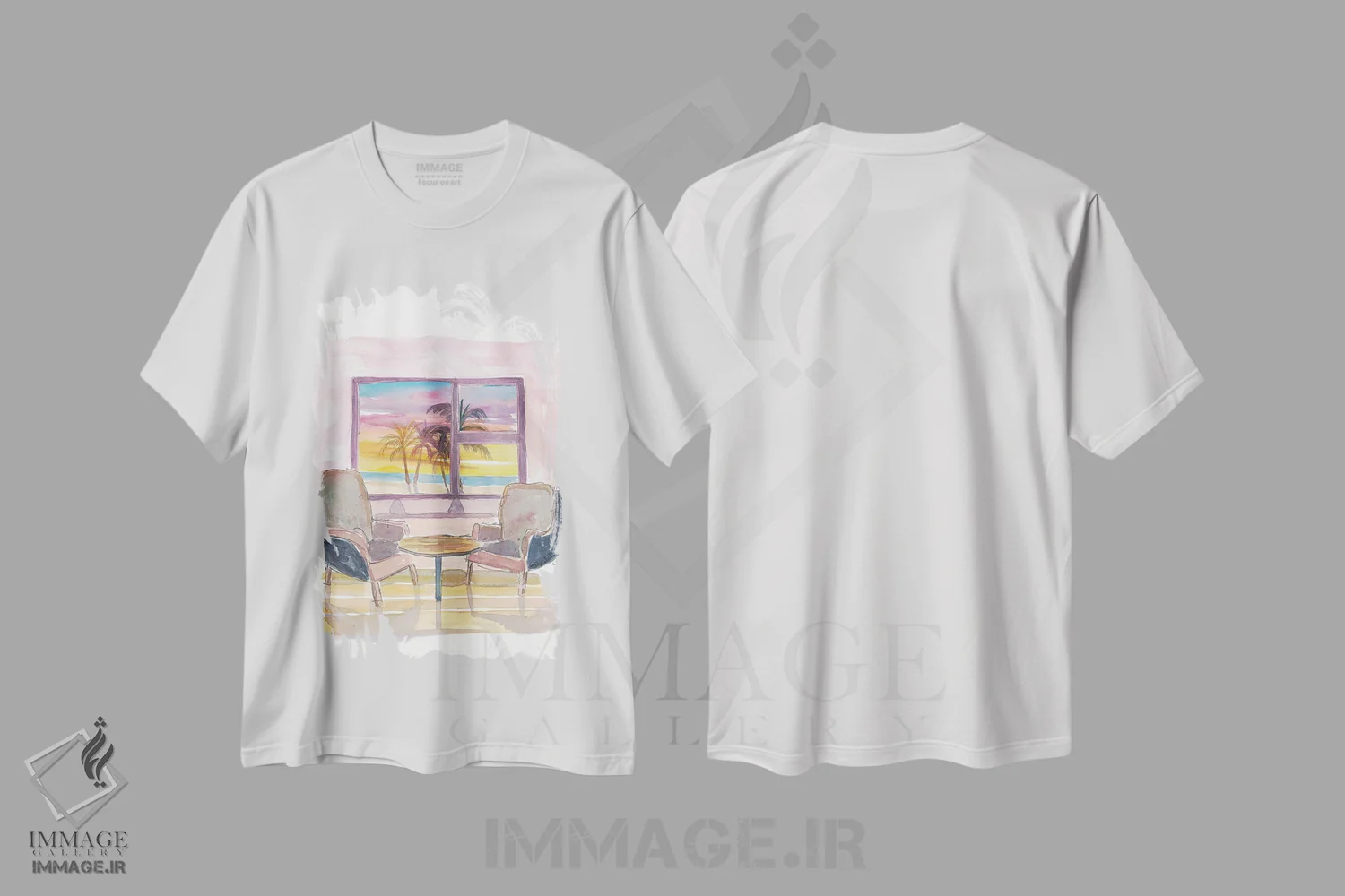 تیشرت سفید طرح دار – تیشرت طبیعت ,پنجره پانوراما دنج به غروب و ساحل اثر مارکوس و مارتینا بلیشنر immage.ir