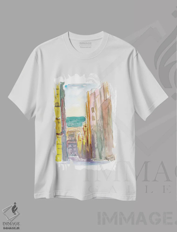 تیشرت سفید طرح دار – تیشرت اسپرت ,نمای خیابان لاواپیِس مادرید با آفتاب و سایه ها اثر مارکوس و مارتینا بلیشنر فروشگاه ایماژ