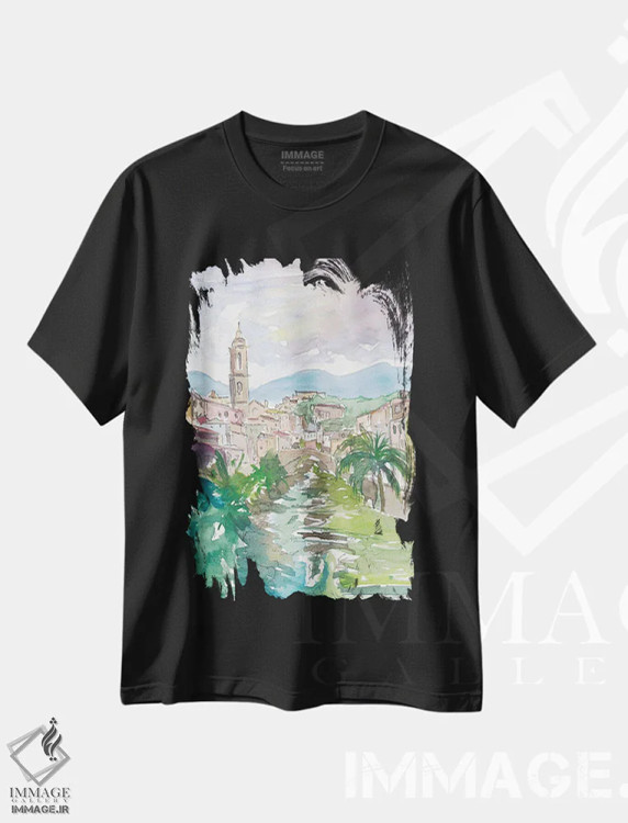 تیشرت مشکی طرح دار – تیشرت طبیعت ,شهرک روستایی لیگوریا ایتالیا با نهر و پل اثر مارکوس و مارتینا بلیشنر فروشگاه ایماژ