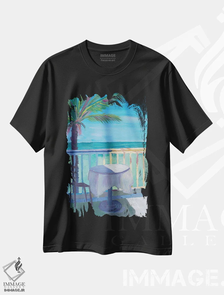 تیشرت مشکی طرح دار – تیشرت ساحلی ,میز کافه با منظره دریا در کارائیب همراه با نخل اثر مارکوس و مارتینا بلیشنر فروشگاه ایماژ