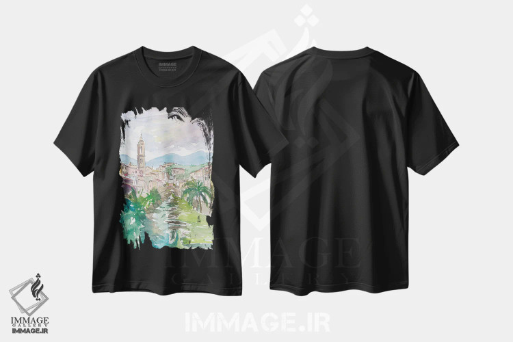 تیشرت مشکی طرح دار – تیشرت طبیعت ,شهرک روستایی لیگوریا ایتالیا با نهر و پل اثر مارکوس و مارتینا بلیشنر فروشگاه ایماژ