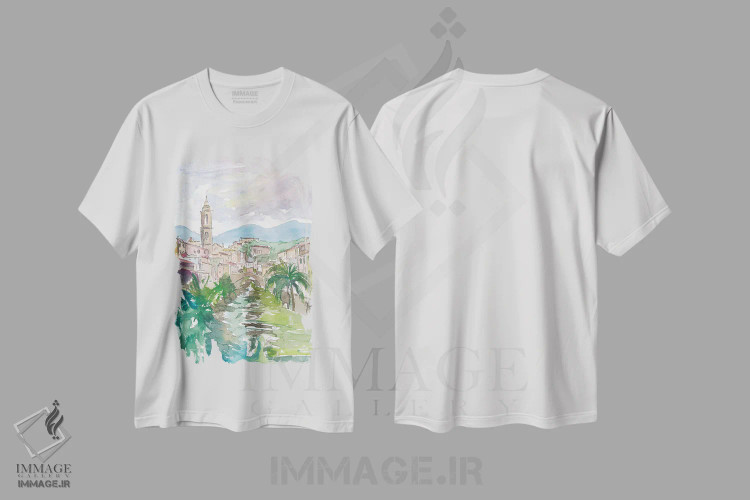 تیشرت سفید طرح دار – تیشرت طبیعت ,شهرک روستایی لیگوریا ایتالیا با نهر و پل اثر مارکوس و مارتینا بلیشنر immage.ir