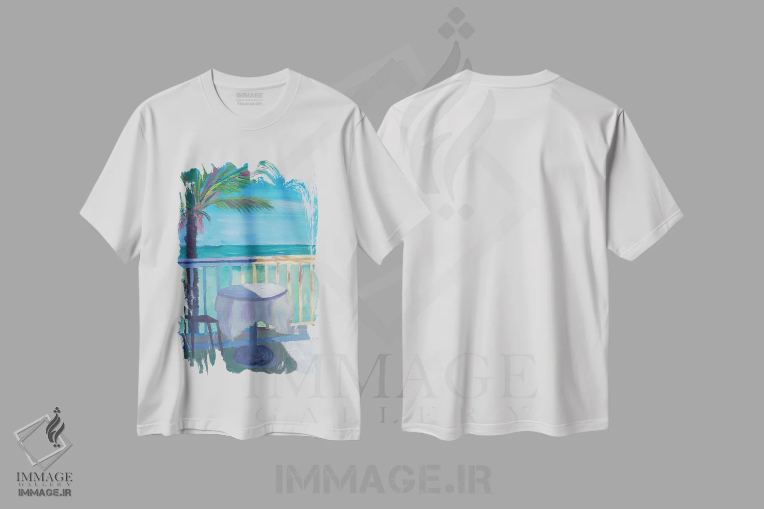 تیشرت سفید طرح دار – تیشرت ساحلی ,میز کافه با منظره دریا در کارائیب همراه با نخل اثر مارکوس و مارتینا بلیشنر immage.ir