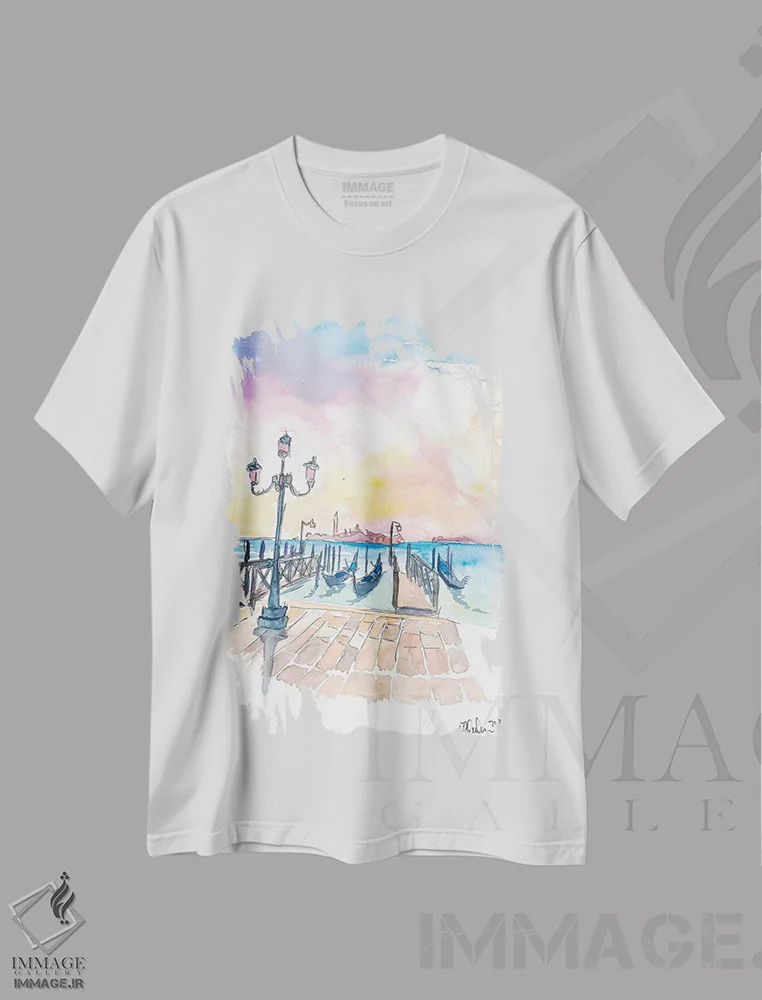 تیشرت سفید طرح دار – تیشرت هنری ,نمای مشهور سن جورجیو ماجوره در ونیز همراه با گوندولا اثر مارکوس و مارتینا بلیشنر immage.ir