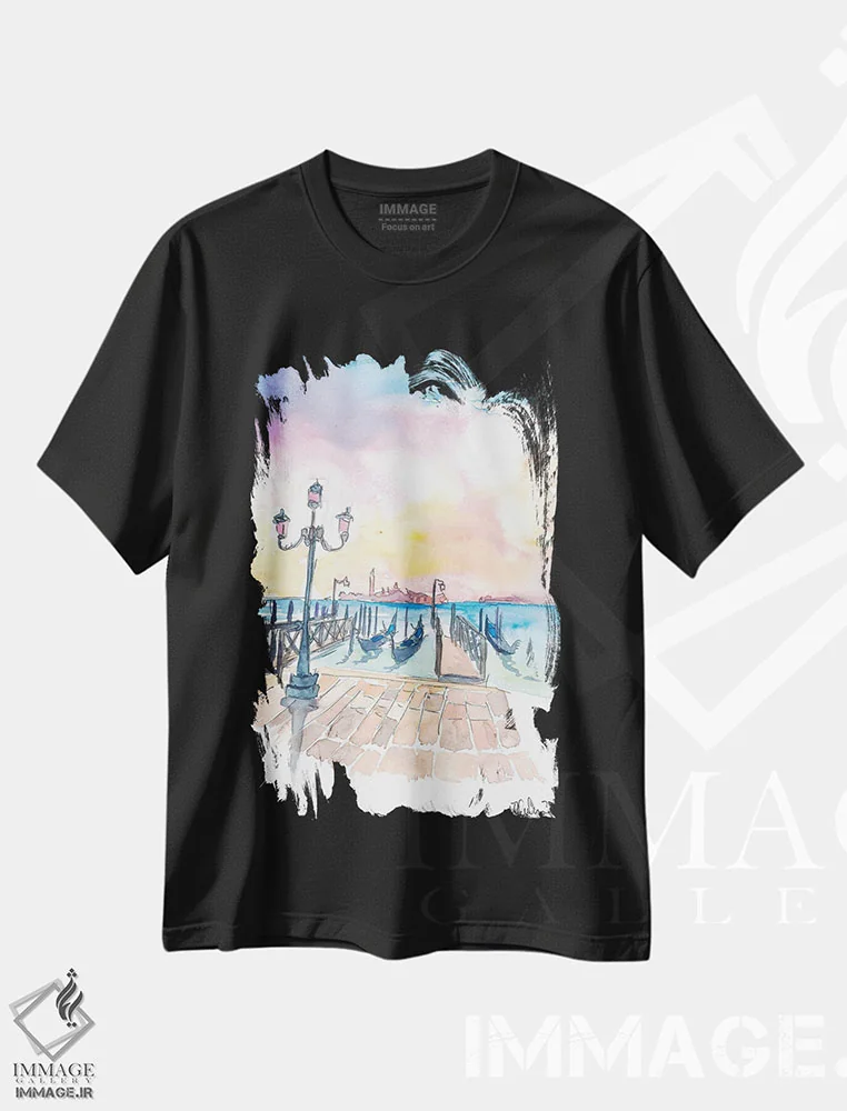 تیشرت مشکی طرح دار – تیشرت هنری ,نمای مشهور سن جورجیو ماجوره در ونیز همراه با گوندولا اثر مارکوس و مارتینا بلیشنر فروشگاه ایماژ