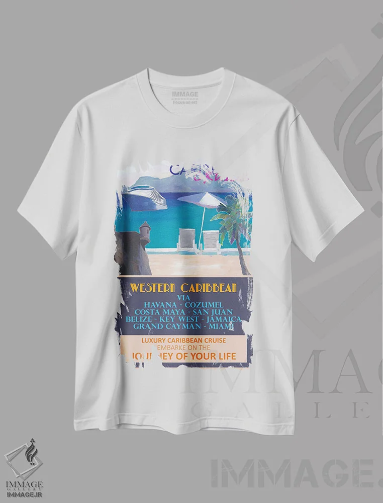 تیشرت سفید طرح دار – تیشرت گرافیکی ,پوستر سفر رترو کروز غربی کارائیب اثر مارکوس و مارتینا بلیشنر فروشگاه ایماژ