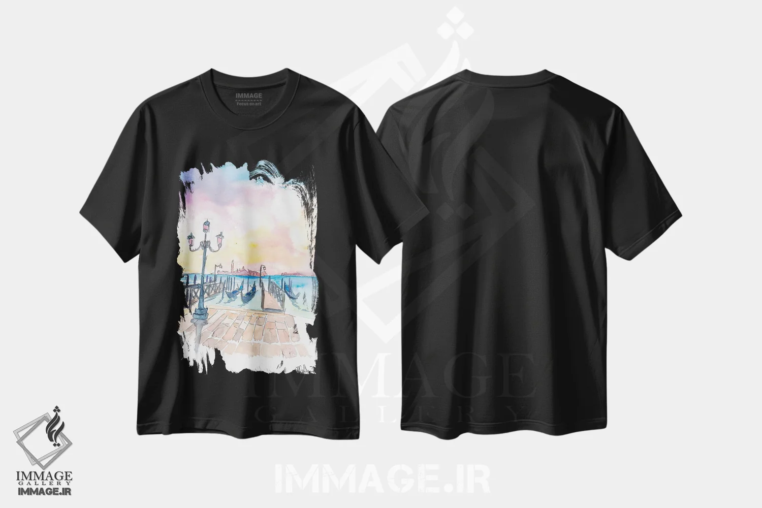 تیشرت مشکی طرح دار – تیشرت هنری ,نمای مشهور سن جورجیو ماجوره در ونیز همراه با گوندولا اثر مارکوس و مارتینا بلیشنر فروشگاه ایماژ