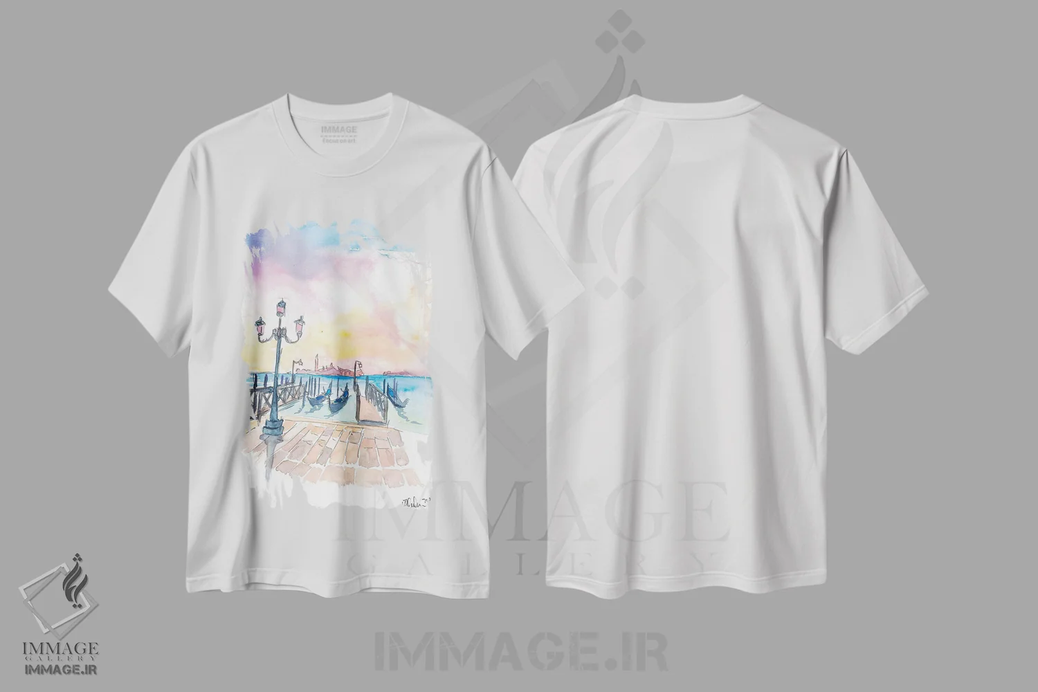 تیشرت سفید طرح دار – تیشرت هنری ,نمای مشهور سن جورجیو ماجوره در ونیز همراه با گوندولا اثر مارکوس و مارتینا بلیشنر immage.ir