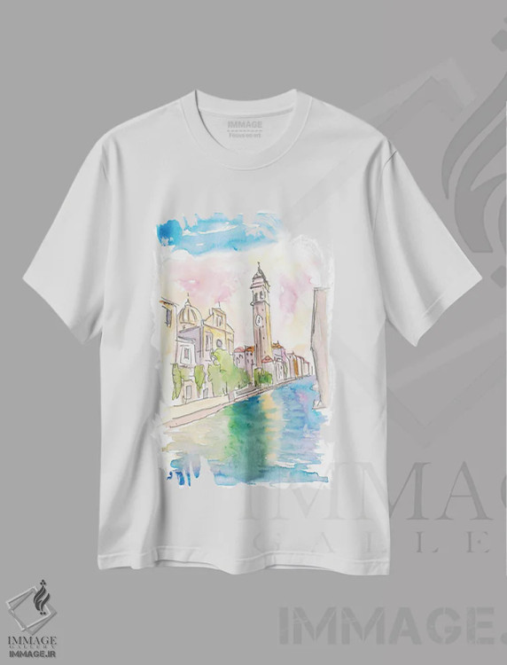 تیشرت سفید طرح دار – تیشرت منظره شهری ,کلیسای سن جورجیو دی گریچی و ناقوس خانه کج در ونیز اثر مارکوس و مارتینا بلیشنر فروشگاه ایماژ