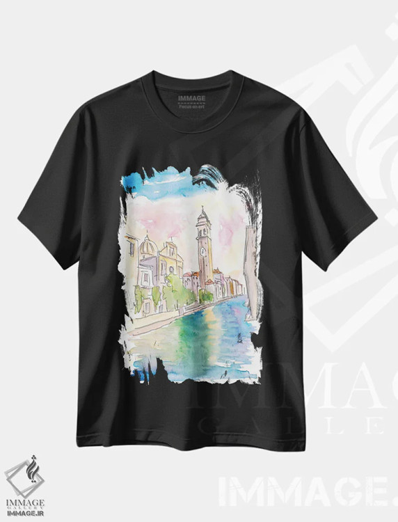 تیشرت مشکی طرح دار – تیشرت منظره شهری ,کلیسای سن جورجیو دی گریچی و ناقوس خانه کج در ونیز اثر مارکوس و مارتینا بلیشنر immage.ir