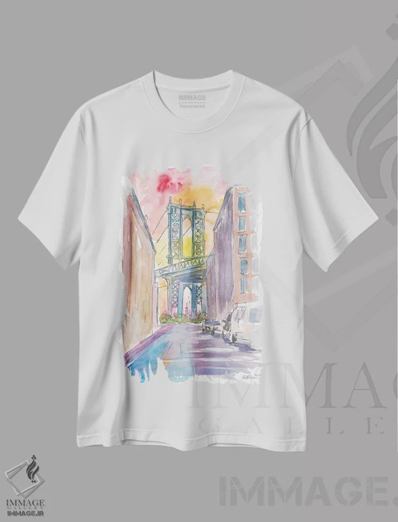 تیشرت سفید طرح دار – تیشرت منظره شهری ,چشم اندازی ویژه به پل منهتن نیویورک در غروب اثر مارکوس و مارتینا بلیشنر فروشگاه ایماژ